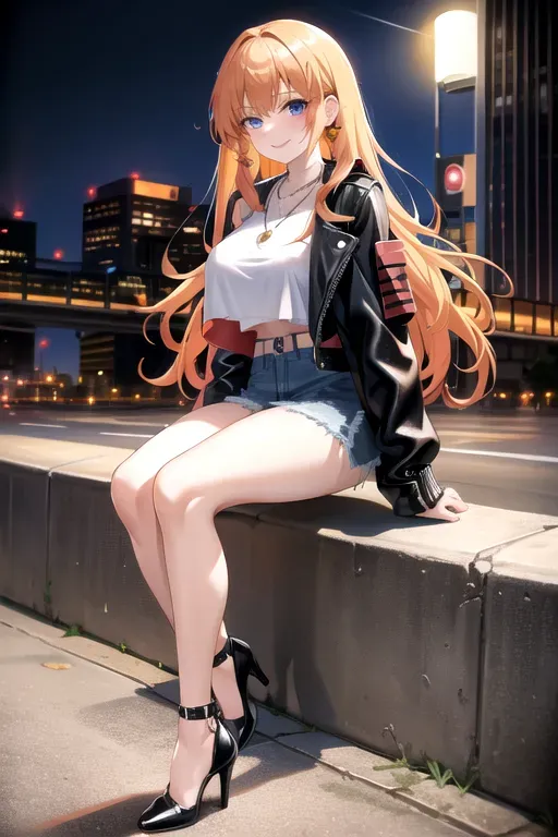 full body, strawberry blonde hair, hazel eyes, short girl, denim miniskirt, black high heels, looking at viewer, long hair, pale skin, silver necklace, black crop top, 24 years old, giant breasts, cute face, pov, wavy hair, city environment, Oklahoma City, wide eyes, erotic, skirt tug, leather jacket, nighttime, black backpack, slim body, low pigtails, sitting on wall, smiling