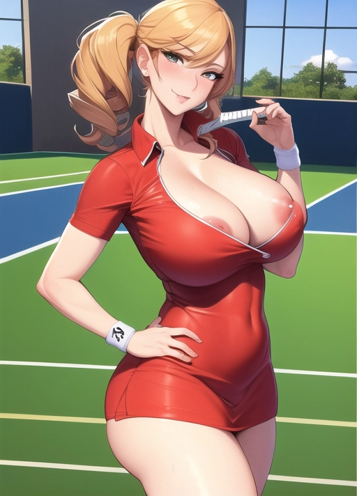 tennis, milf, 5 fingers, cum, squeezing breasts, highly detailed, lighting, high quality, high definition, very detailed, (aroused:1), photo, (outfit:1.5), 8k, UHD, ((big breasts)), (nipples:1),