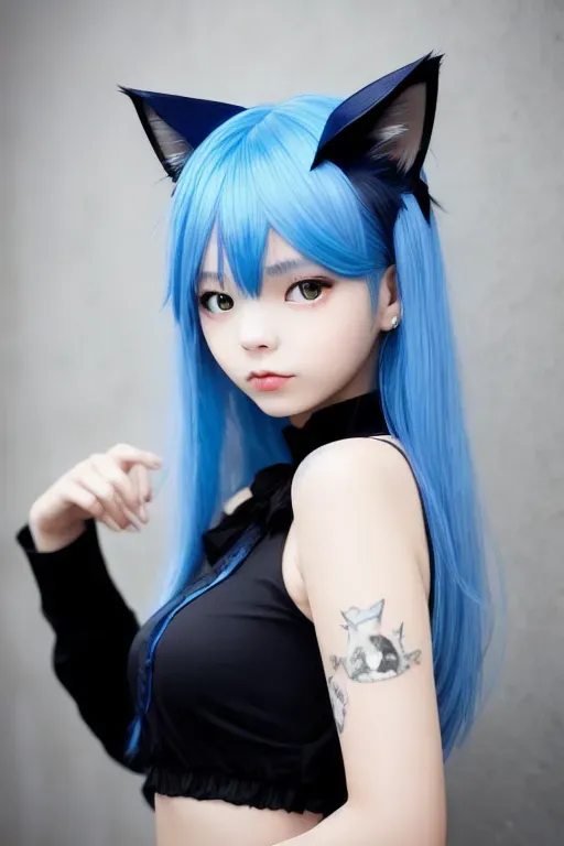 Dopamine Girl Naked Cat Girl Shiny Blue Hair Pretty Face Cat Ears