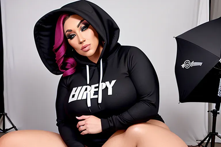 wide shot, 35 year old, an e-girl, thicc, hoodie, black, photo studio, day time, studio light, happy, 8k, professional