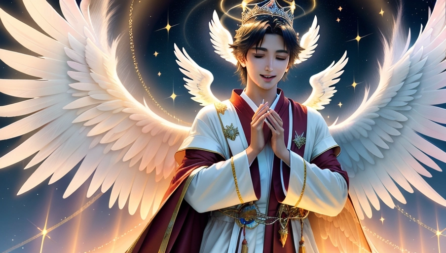 a 64k high detailed photo of body shot of Angelic, HDR Professional ((In Robes))) ((Has robe Attire)) Godly Ultra Detailed Best Quality Most Detailed (((Angel Wings))) Angelic Lighting Love Hope Magic casting Crown Smiling king happy Glory Warrior Angels Angelics Positivity Happiness ecstasy enraptured sweaty saving God Royalty Morality Goodness True Good Power Force Authority Ethical Saviour Halo short Hair Always and Forever Sentimental in heat hot ultra hot best best lighting tantric Neutral Brilliant Logical Compassionate Perfect Perfection Exciting Integrity Winged Courage Purity Harmony Beauty mark on upper lip ((Male)) (Ethereal Lighting) (Celestial Lighting) (((With Clothes))) ((With God Item)) ((God Tech)) with items of power God Wings ((Afterlife Light)) (Love Worship) ((Happy Expression)) (((Angels)))