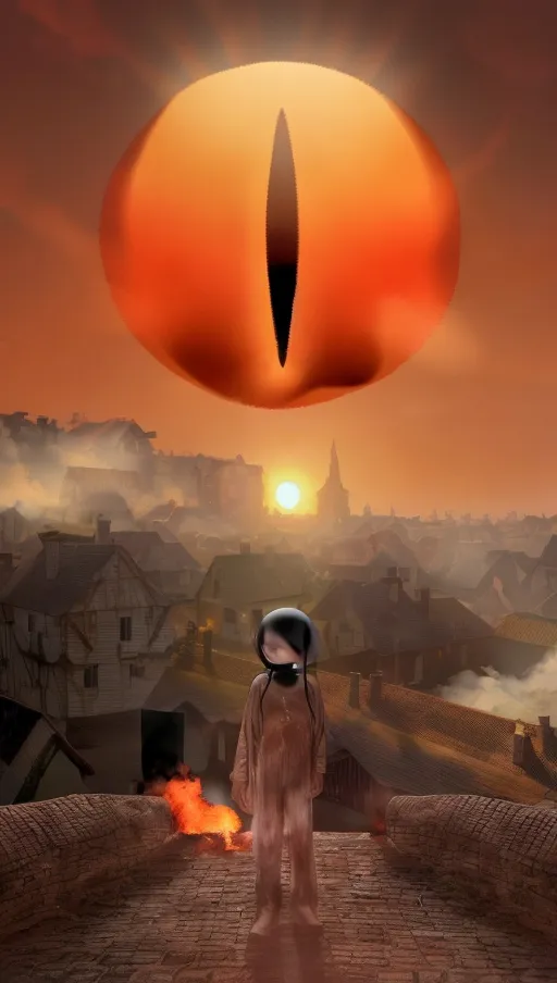 ((the sun in the sky has a thin black oval inside it)),
(The village beneath is on fire),