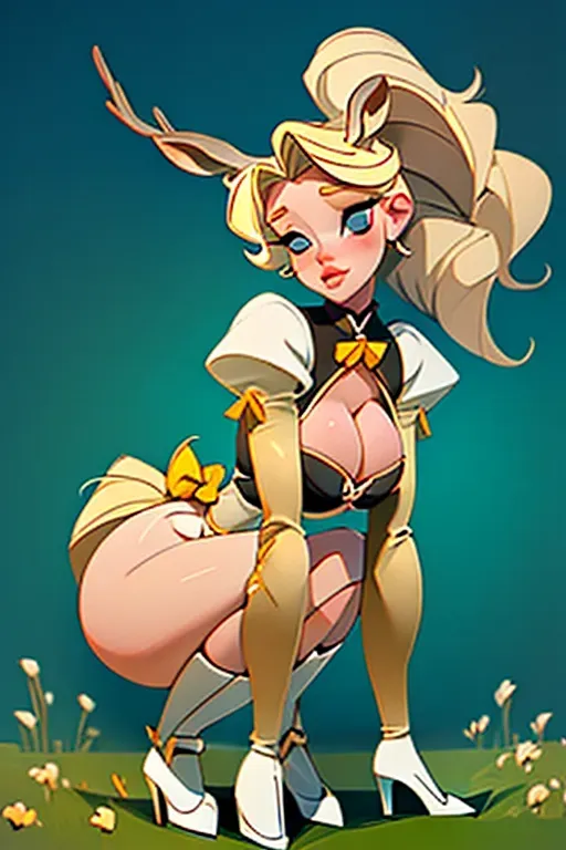 a blonde, beautiful Bambi with big breasts, wide hips, a big ass, full lips, on hands and knees, bent over,