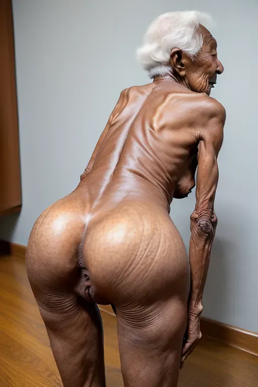 (great grandmother)(90 years old)(naked)(very skinny)(wrinkled skin),black women,(wearing a shirt)(sweeping floor)(bent over)(showing ass)