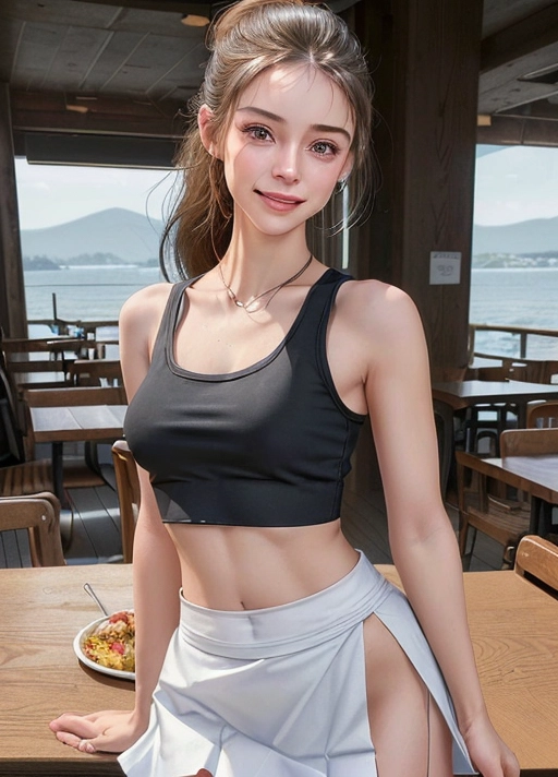 NSFW, hyper-realistic, <lora:dpmg_add_detail:0.5>,
High quality masterpiece photo, college freshman waitress, innocent face, ((delivering food to a table full of men)), wearing an undersized extremely short see-thru crop top, cut-off crop top, deeply scooped neckline, breasts visible thru crop top, underboob visible, low rise micro skirt, micro skirt below hip bones, skirt slit to waist, ponytail hair,
downsize body, downsize breasts,
((small breasts)), hard nipples, tight pussy, perfect pussy, shaved pussy, braless, no bra, (no panties), beautiful face, natural detailed large eyes, hip bones visible, thigh gap,
extremely thin material, (hard nipples visibly pressing on inside of crop top),
((accurate face)), lip gloss, smiling, eager to please