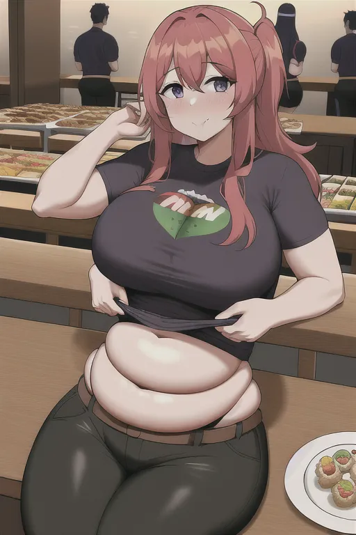 UHD, 1girl, milf, onee-san, cocky, dinner date, at restaurant, sitting at table, eating, pile of food, too much food, huge plate of food, multiple plates of food, pile of dishes, feast, tons of food, sushi, spaghetti, steak, chicken nuggets, glutton, black shorts, bright purple t-shirt, very fat, big belly, muffin top, chubby, wide waist, overwight, obese, growing, too fat, weight gain, bloated, anime style, vibrant colors, bright colors,