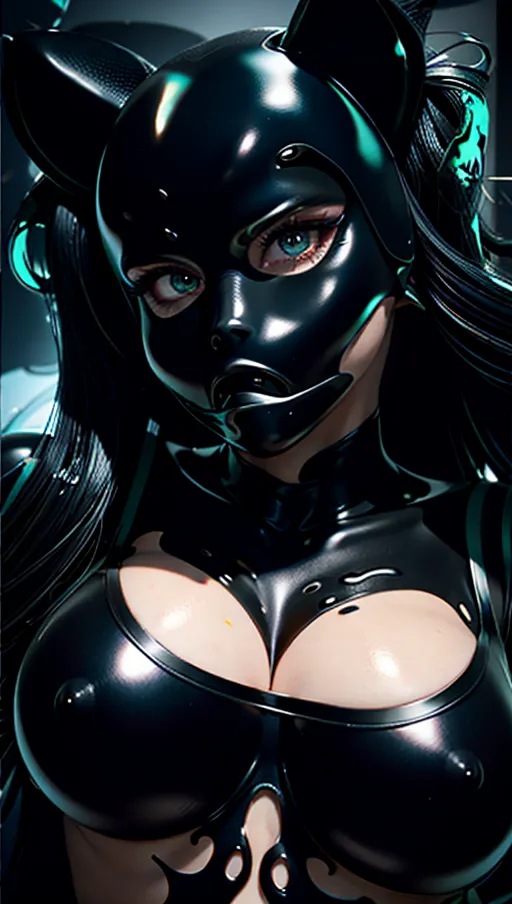 best quality, (((ultra high res))), (detailed face and eyes), female symbiote transformation, (((symbiote goo everywhere))), (black goo), symbiote girl, glowing, huge tits, heart nipple patches