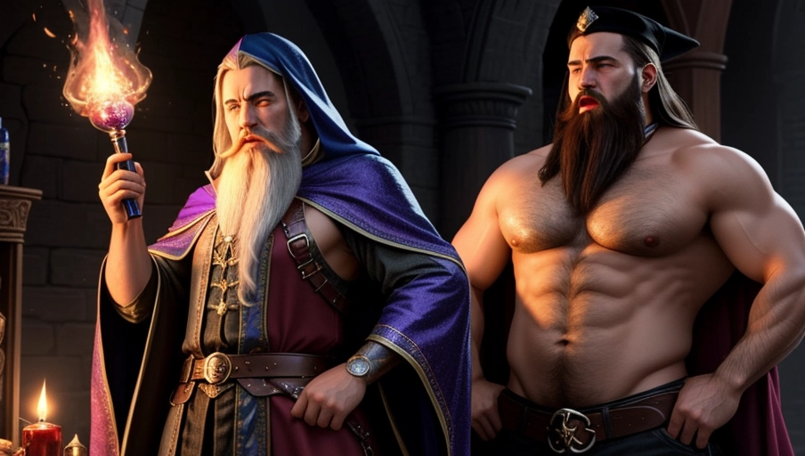 a bottle of gay wizard elixer being held by a gay wizard with a huge wizard bulge, make him very varicose and give him a long wizard beard make him furious red with rage