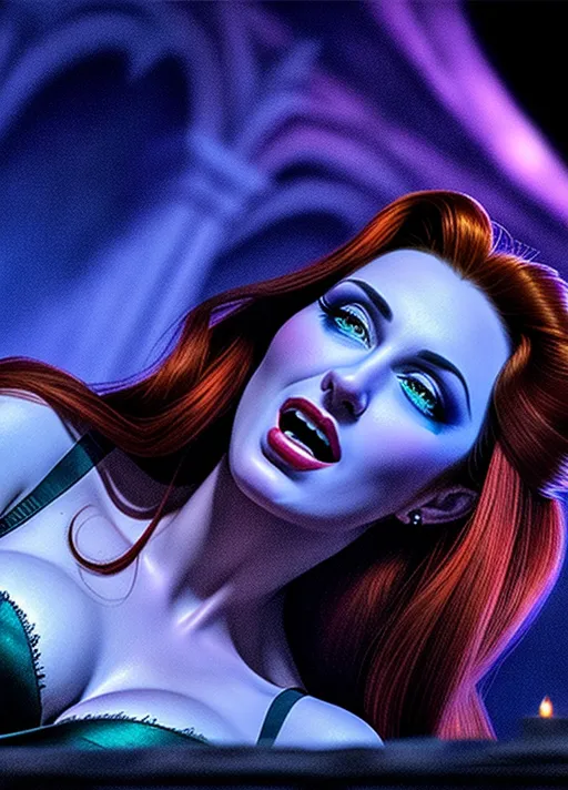 low angle hypnotized sweet Beautiful youthful entranced auburn haired Queen Anna of Arendelle sharing a dark embrace and passionate kiss of the stoic and debonair Van Dyke goatee raven haired Dracula his fangs bared as she pulls her hair to one side arching her neck preparing to receive his vampiric bite, in the the very dark cramped spooky cobwebbed halls of a haunted house photorealistic.