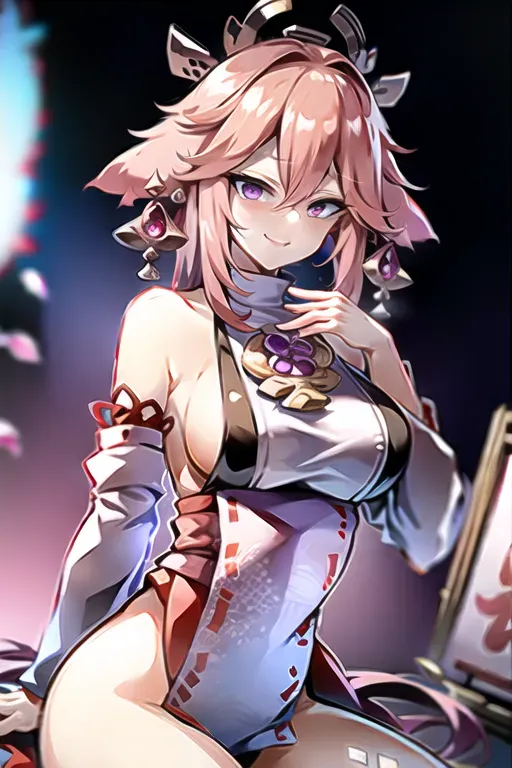 1girl, <lora:dpmg_yae_miko:1>, kpop idol, yae miko, detached sleeves, bare shoulders, pink hair, long hair, japanese clothes, best quality, (painting:1.5), (hair ornament:1.35), jewelry, purple eyes, earrings, breasts, torii, cherry blossoms, lantern light, depth of field, detailed face, face focus, ribbon_trim, (looking at viewer:1.25), nontraditional miko, shiny skin, long sleeves, smile, thick lips, game cg, hands on lips, east asian architecture, (blurry background:1.2), sitting, upper body,nsfw , hentai