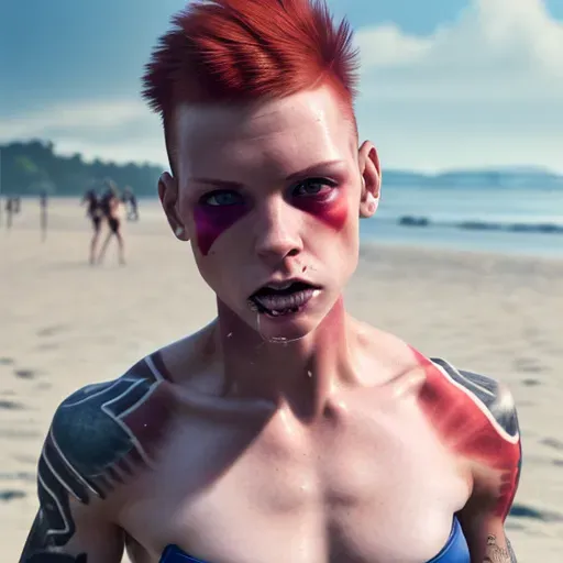 (((photorealistic))),punk,dyke, athletic, slim, pretty, redhead, short hair, small ass, small tits, facing camera, (abs), sitting, drunk, delirious, bikini, beach volley, (cum on body), ((cum on face), muscular arms, fitness, (oiled), full body view, (bukkake)