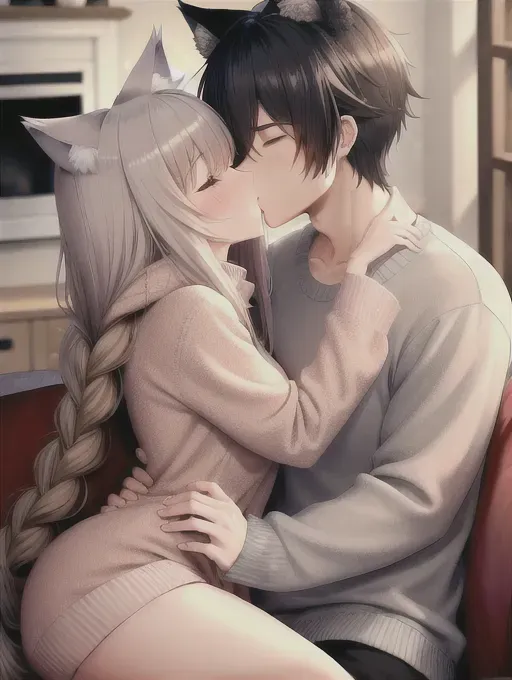 Anime girl and boy kissing