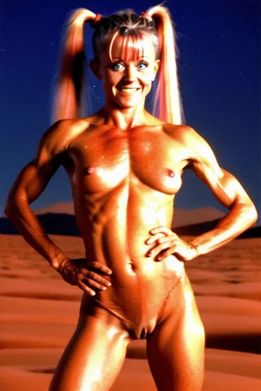 A very fit 18 year old naked Linnea Quigley standing on planet Mars at night showing her vagina, look of pain on her face, pushing her abs out, very low body fat, getting fucked hard, spreading her legs, hair bun