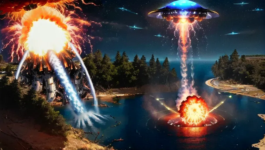 ((((Ufo exploding splashdown crash landing)))) into water ocean lake, ((water ripples)) explosion with Fire and ((Water splash)) sonic boom, under and around the uap. Viewed from top of the hill