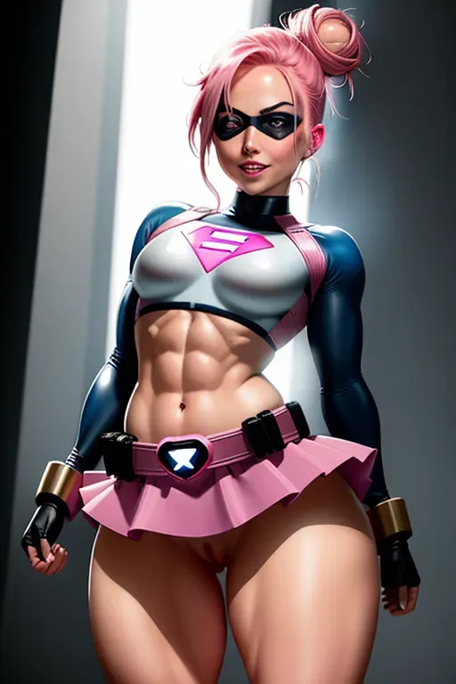 Superhero, female, sexy, cute, pink hair tied in a bun, eye mask, blue eyes, small nose, strong cheeks, small chin, full lips, aroused smile, curvy figure, small breasts, thin waist, thicc ass, full thighs, pink and black spandex uniform with skirt, utility belt, heart symbol on chest, bottomless, no panties, half naked, throbbing anus, aroused clit, happy pussy, ready for sex, submissive, looking at me, showing her pussy, flying in the air, high definition, 4k quality, excellent lighting, great shading, awesome detail, five fingers per hand.