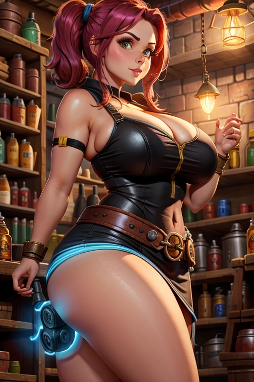 Cute short female gnome, gnome from World of Warcraft, huge breasts, pigtails, thin short black dress, cleavage, fit and slim body, thin waist, in a fantasy mechanics shop, torchlight, standing, looking at wiever