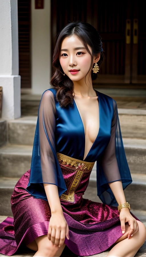 beautiful korean actress, traditional dress, dark eyes, dark hair, kissing lips, shining eyes, teasing smile, sitting on a stair in front of a traditional house, ((undressing her dress)), open dress, korean flashing bra, thin chest