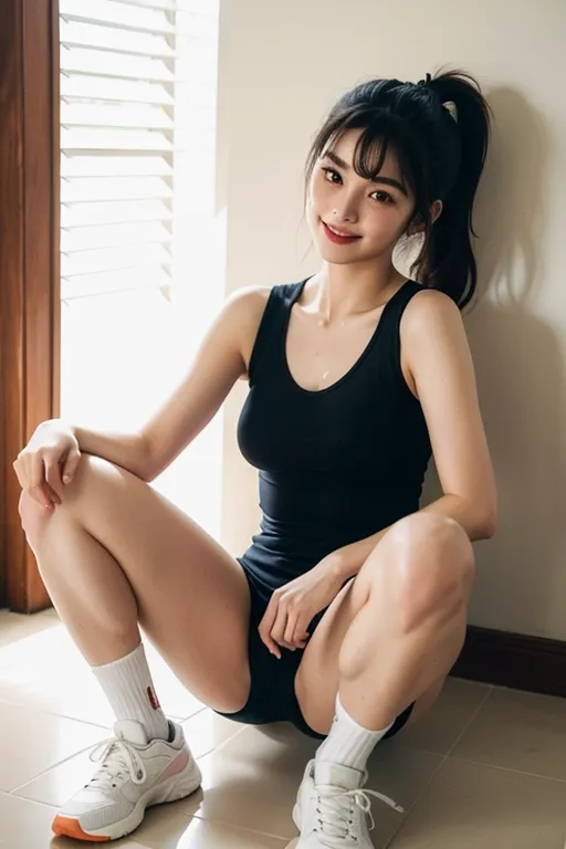 (best quality:2.0), (masterpiece:1.4), high resolution, (photo realistic:1.9), Korean sexy super model, perfect face propotion, nsfw, (thick sports shoes:1.2), navyblue sports wear, knee socks, thick eyebrow, (marble face:1.2), long neck, small lips, large hair band, full bangs, pony tail, ultra large sparkring brown eyes, double eyelids, cheek blush, round cheek, sexy posture, muscular long legs, cleavage, luxury chair, (shiny sweaty ultra pale skin:1.5), big coy smile, beautiful constriction, broad forehead, ultra detailed fabric, detailed skin, dropping eyes, luxury tile poolside,