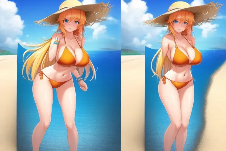 An digital art of shy girl in orange bikini on the beach, view from the front, full body, slim waist,closely, she covers herself with her hands , closed pose, dandere, cute, very big breasts,she shrank,head down, look away, confused, blush, short blonde hair, textured hair, textured skin, detailed breasts,high-quality lighting, high rendering, blue eyes, big summer hat, more shy, beautiful detailed lips