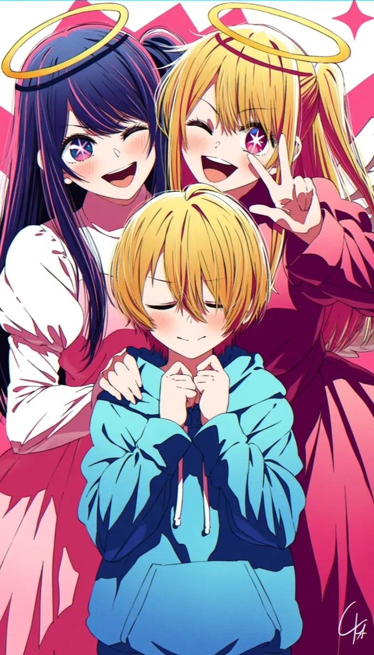masterpiece, best quality, score_9, @4b-enpitsu, oshi no ko, hoshino ai, hoshino aquamarine, hoshino ruby, 1boy, 2girls, angel wings, blonde hair, blue eyes, blue hoodie, blush, closed eyes, dress, hair between eyes, halo, hand on another's shoulder, hood, hood down, hoodie, juliet sleeves, long hair, long sleeves, mother and child, mother and daughter, mother and son, multiple girls, one eye closed, open mouth, parent and child, pink dress, pink eyes, puffy sleeves, purple hair, short hair, sidelocks, star-shaped pupils, star (symbol), symbol-shaped pupils, teeth, upper teeth only, w, wings, commentary, highres