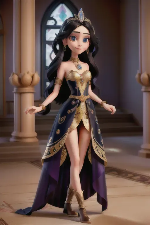 Graceful and slender body, Eyes that shimmer like deep pools of uncertainty, Long flowing raven-black hair, Porcelain-pale skin that contrasts with her dark hair,
Aura of timeless elegance and mystique, Form-fitting gown made from shimmering otherworldly fabric, Dress features intricate patterns and symbols reflecting the dimensions and forces, Ornate choker-style necklace with an enigmatic sigil pendant, Elaborate arm cuffs adorned with arcane markings, Knee-high, intricately designed boots blending modern style with surreal elements, transparent diaphanous gown with iridescent patterns, Celestial belt adorned with stardust-like gemstones, Shimmering bracelets, Intricate tiara adorned with luminescent gemstones, Full and luscious lips with a natural flush, Radiant smile with a perfect balance of warmth and mischief, Captivating hips, alluring sides, and shapely waist, Enchanting gaze revealing boundless compassion and unwavering faith, Mesmerizing beauty that seems to radiate from within,