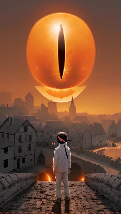 ((the sun in the sky has a thin black oval inside it)),
(The village beneath is on fire),
(A boy wearing a white blindfold over his face stares up at the eye in the sky),
