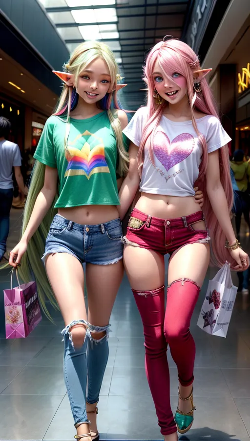 High fantasy, <lora:dpmg_add_detail:1>, twin girls sexy elf, elves who are (barely legal) adults are walking around the mall to buy clothing. The girls have extremely long rainbow hair, fair skin, large breasts, pierced ears and are wearing t-shirts and jeans. mall, ((loving smiles on faces)), crowded mall, dynamic lighting,