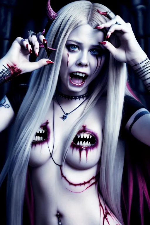 (Avril Lavigne), nude full breasts, ultra detailed face, 64k, vampire, razer sharp teeth, big vampire teeth, blood on teeth, squinting menacing eyes, evil expression, dark alley, body modification, ultra detailed body image, 4k, ultra realistic, photo realistic,upper body portrait,
