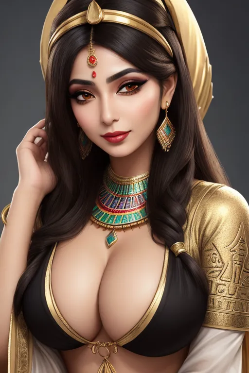 highly detailed image, egyptian lady, makeup, squashed bosom, lustful look, casual clothing, hand in hair