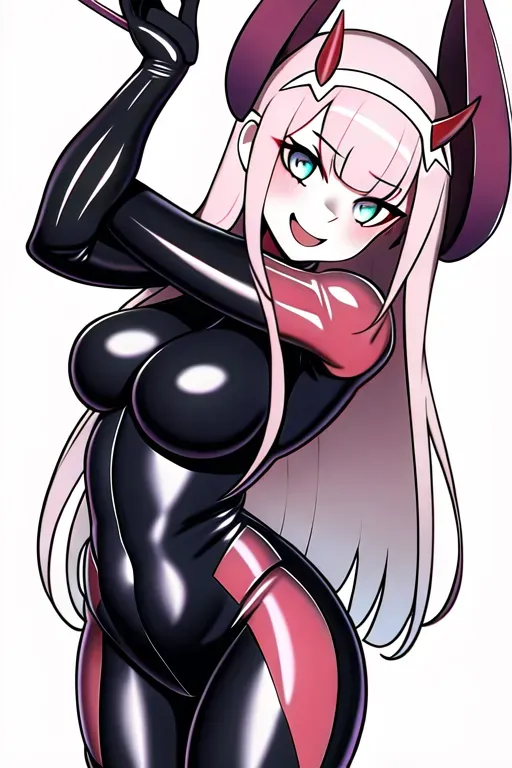 zero two (darling in the franxx), darling in the franxx, sharp, 1girl, aqua eyes, bangs, blunt bangs, breasts, open mouth, cowboy shot, hairband, horns, long hair, looking at viewer, medium breasts, oni horns, pink hair, red horns, smile, solo, standing, straight-on, white hairband, latex, leather, strapon, futa, black latex, donimatrix, dom,domina, <lora:dpmg_zerotwo:1>