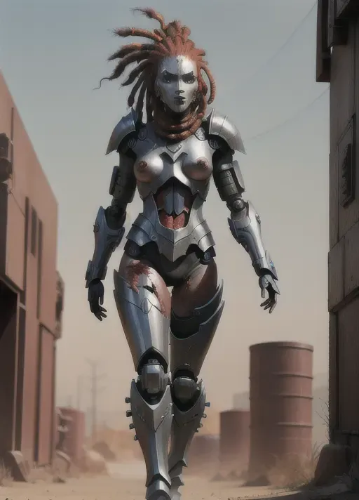 human and robotic hybrid assassin bot, sexy cyborg, dark highly detailed armor with battle scars, blood red hair in dreadlocks, advanced weaponry, tall athletic female figure, sexy and deadly, hair exposed, skull jaw mask, inspiring fear and desire, post apocalyptic background, diffused lighting with heavy shadows, full body view from head to feet, nipples and pussy outlines showing on armor.