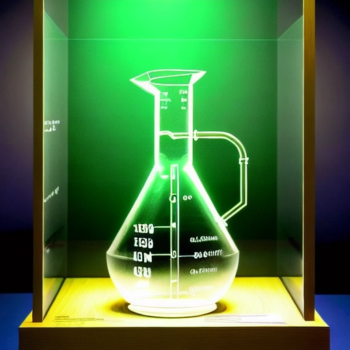 photograph of a science museum exhibit, an erlenmeyer flask cut in half placed in front of a screen, the screen is showing explanatory information and graphics, green fluid, mysterious lighting, biochemical experiment setup, placed on a stele made of painted wood, a visible light source on top of the exhibit