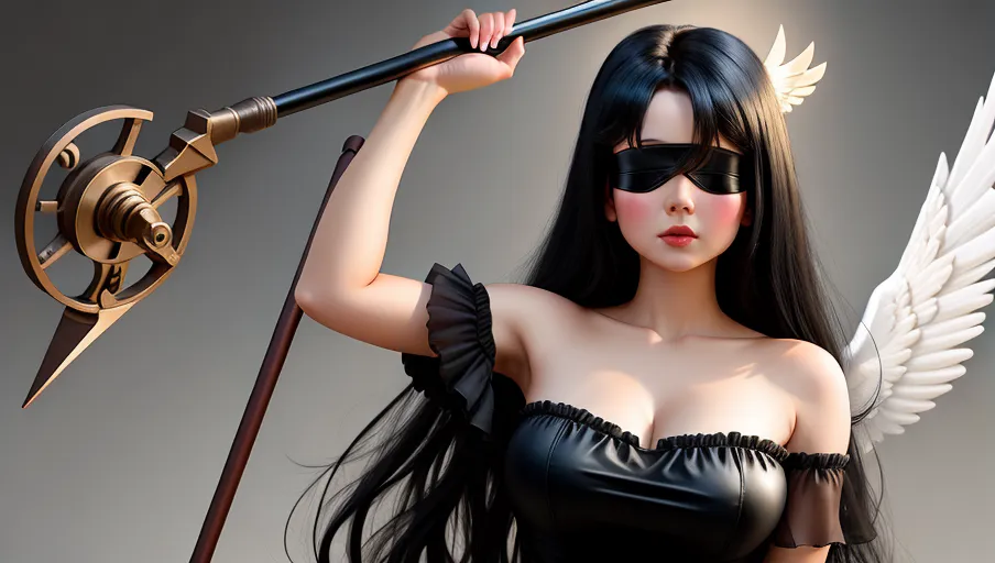 Angel with black hair and a blindfold wearing a form fitting dress holding a staff in a pin-up pose
