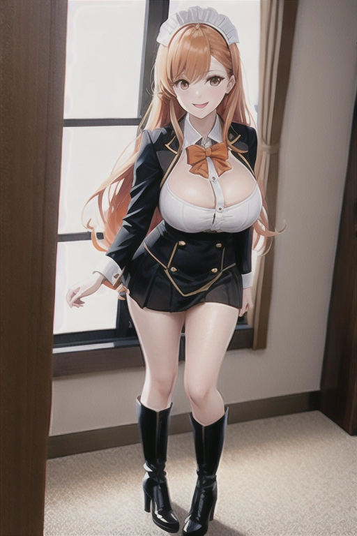 8k quality, brown eyes, pale white skin, orange hair, giant breasts, cleavage, looking at viewer, pov, long hair, wavy hair, full body photo, standing in room, smiling, maid uniform, miniskirt, high heels, knee high boots