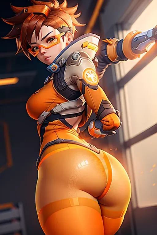 Overwatch Tracer posing. Cutest. Huge ass. massive booty. thick thighs. ((Translucent orange tights)). 1girl.
<lora:dpmg_better_bodies:0.1>.
Best quality. 8k. Masterpiece.