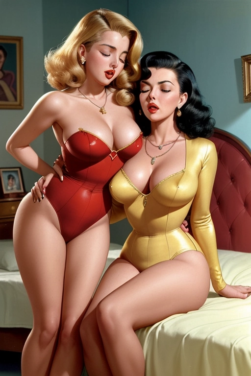 1950s style, colour painting of beautiful young Diana Dors and Joan Collins, aged 20, ((accurate faces)), elegant bedroom, sexy period leotards, ((showing full body and thighs)), wearing necklace, making lesbian love in a bedroom, toned bodies highly detailed hair, textured skin, , cute, arched backs, kissing and caressing (groping pussy, caressing thighs,), horny,
They are being overcome by a powerful (((sneezing gas))) which is making them ((sneeze uncontrollably)) with ((nostrils flaring)), ((eyes closed)) and ((mouths wide open)),