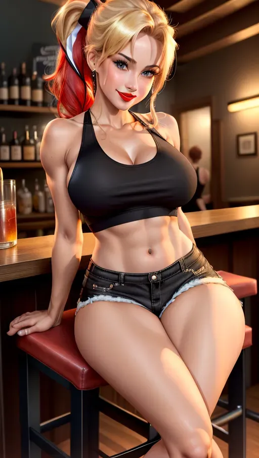 realistic HD photograph ((wide shot)), (((a bartender)))(((sitting on a bar stool))),(((sweating)))(((wearing black tank top)))(((wearing black stockings and short shorts)))((smiling facial expression)), ((very sexy pose)),(((perky breasts))),(((slender athletic body))), five slender fingers,, beautiful face, beautiful lips,detailed large, blue eyes, blonde hair, pony tail, (((red lipstick))) no muscle, skinny, long legs, full body