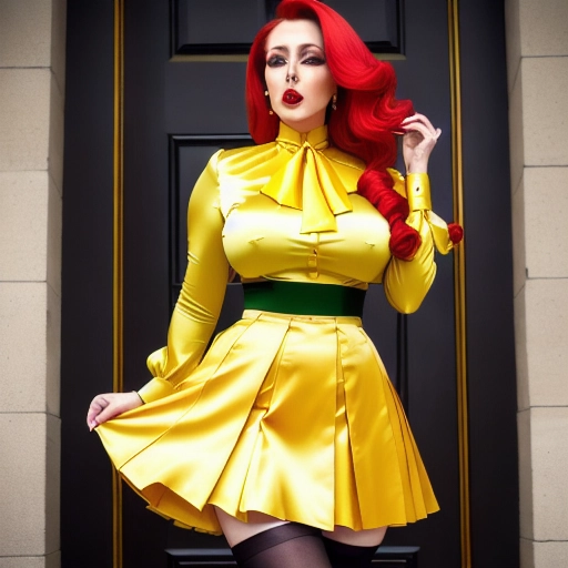 satin high neck blouse, two mature woman, being fucked, yellow satin blouse, green satin bow blouse, knee length satin pleated skirt, huge bust, massive tits, biggestbreast, narrow waist, wide hips, long wavey red hair, stockings , high heels , on street, pleat skirts, stockings, knee length pleated skirts