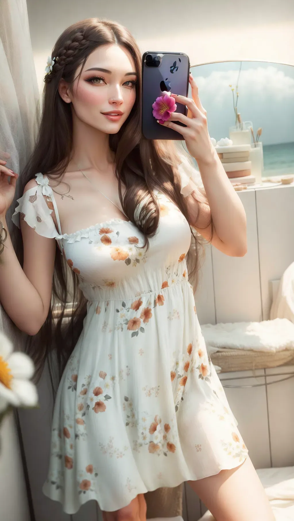 Sexy girl with long hair taking a picture, flower sundress, sexy face, iPhone,