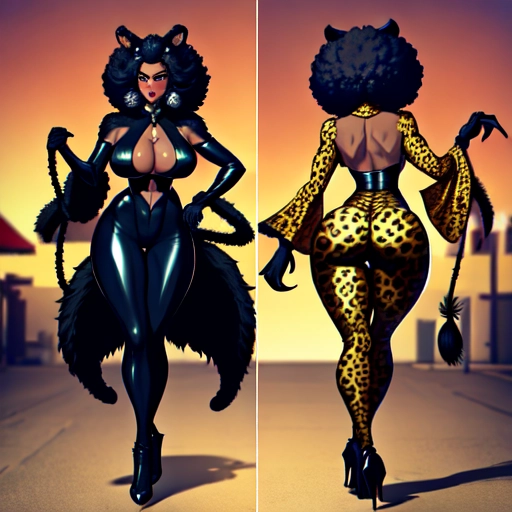 Sexy black villainess with afro and big ass wearing a leapord print catsuit and feather boa walking down parking lot.
front and rear view.