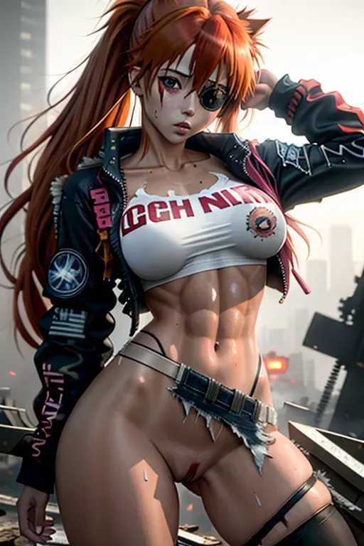 mature asuka langley from neon genesis evangelion in a ripped and shredded uniform in front of an exploding wreck, naked, apocalyptic, beautiful lips, detailed large eyes, curved eyebrows, textured skin, pixiv, ultra realistic, cinematic lighting, smooth, sharp focus, skinny, 30, (german:1.2), blue eyes, auburn hair, bangs, cyberpunk, mecha, (ripped clothes:1.6), (asuka langley:1), nsfw, (exposed nipples:0.6), (exposed pussy:0.6), vagina, pink nipples, sweat, cuts, scrapes, bruises, torn fabric, determined, tattoos, realistic hair, no panties, ripped stockings, eyepatch over one eye, (single eyepatch:1.2)