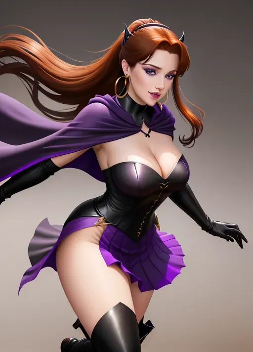 low angle, medium shot,
beautiful, Sweet innocent beautiful, good girl, goth makeup, Anna of Arendelle, age 30 long red-Auburn hair in a big ponytail, sweet smile, large round natural blue eyes, Nordic, black leather clothing with dark purple highlight, bare naked open exposed shoulders, gold hoop earrings, dark purple collar, long dark purple gloves, dark purple halter-Corsette, dark purple pleated micro-mini-skirt, dark purple thigh-high boots, long pointed canine teeth, bare mid-riff, long black hooded cape