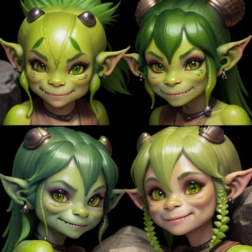 8k, a close group of 3 goblin females with green aligator skin in a prehistoric age, in a cave, small curvy monsters, perfect stone flooring, perfect sexy faces, perfect female anatomy 8k face detail,