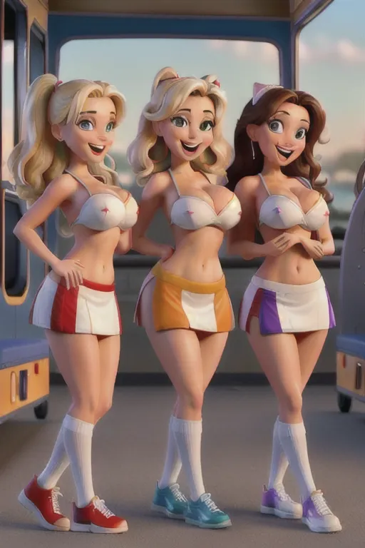 an HD photo of three hot cheerleaders flashing their tits, bare tits, nude, naked, three_girls, outside, school bus, cheerleader outfit, short skirt, babe, fit, sexy, big smile, laugh, show breasts, huge breasts, rounded tits, pompomps, long socks