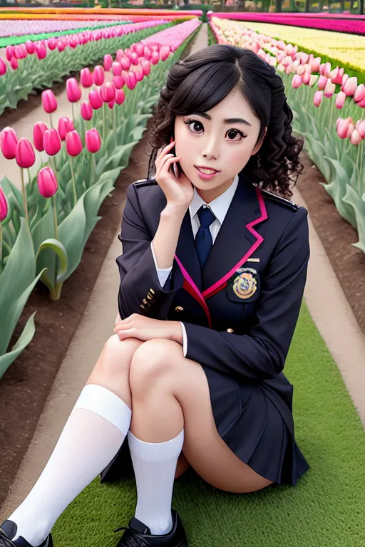 a photograph of,haruka fukuhara,wearing japanese high school uniform,sitting on bent knees,in a tulip garden,amazing breasts,five fingers per hand,curly hair,charming face,beautiful lips,detailed large eyes,curved eyebrows,smooth skin,erotic,tattoo,surreal,editorial,8k,studio lighting,cgsociety