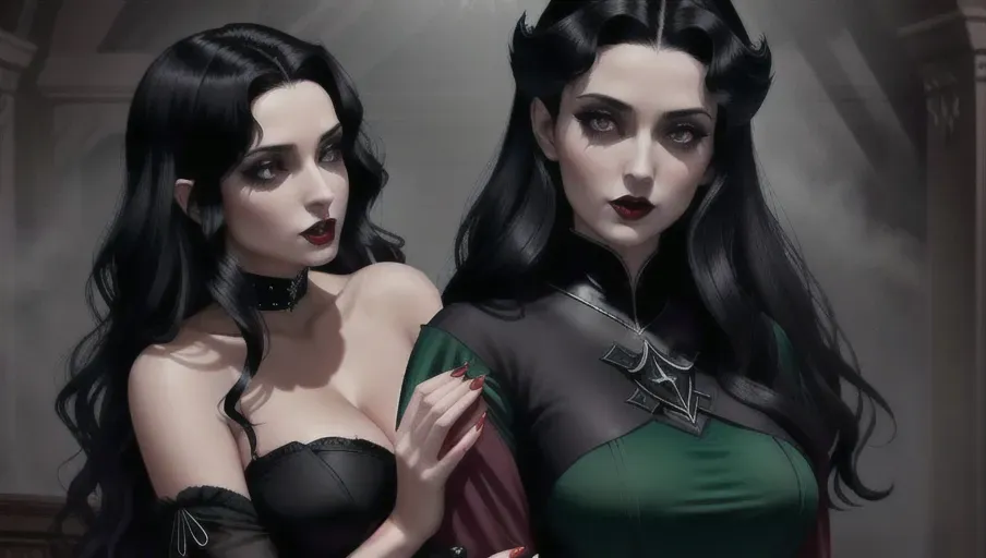 two figures in a dark and foggy goth club, an evil sexy sensual slightly taller female black straight haired vampire woman having hypnotized her victim, is groping and biting innocent, light reddish-auburn gentle wavy hair, good girl mid-twenties Anna of Arendelle in a modest soft green gown.