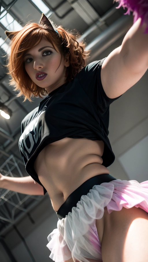 <lora:PN7xrGpnVMg_Caitlin:0.65>, (emo_girl:1.2), (magazine photoshoot), (female, soft features, soft body), glistening skin, fair skin, pale skin, (detailed skin texture, goosebumps), (((auburn hair, medium hair, messy hair))), (((emo outfit, tutu, cropped tshirt))), (((rave makeup:1.2))),
(((aggressive stance, <lora:dpmg_upshirt:1>))), (view from below:1.4),
(best quality), <lora:dpmg_add_detail:0.5>, beautiful,(high resolution), (((masterpiece))), (uhd), (8k),