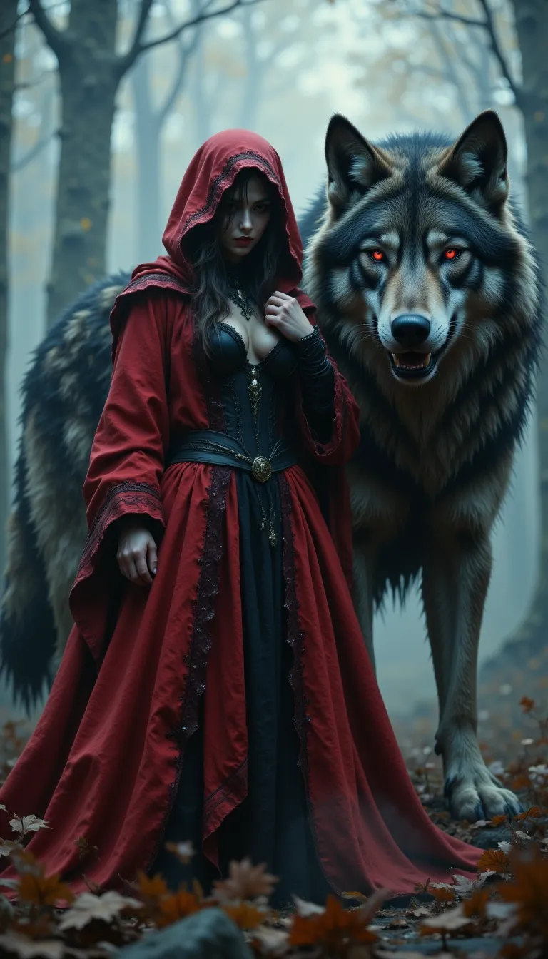 R3alisticF, Highly detailed and dramatic digital artwork featuring a young woman and a large wolf in a misty forest. The woman has pale skin and long dark hair, partially covered by a red hooded cloak. Her attire includes a corset and a flowing red skirt with black lace details. She stands confidently with one hand on her hip and the other touching her hood. The wolf beside her is enormous, with a thick, dark gray fur coat and striking red eyes, exuding a sense of power and mystique. The background is a foggy forest, adding an ethereal atmosphere to the scene. The image is detailed and vibrant, with a focus on the contrast between the red of the woman's cloak and the muted tones of the forest and wolf