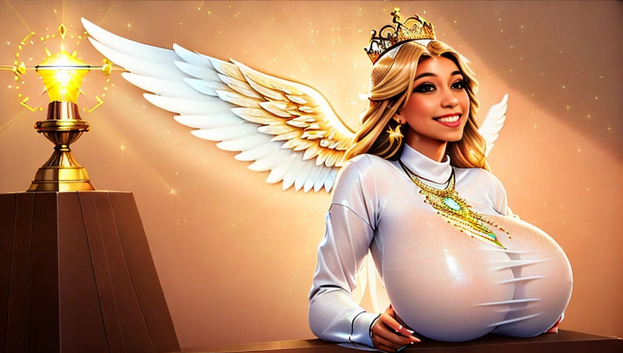 a 64k high detailed photo of body shot of straight Female Angelic HDR Professional ((In clothing))) (((Has Attire))) Godly Ultra Detailed Best Quality Most Detailed ((Angel Wings)) Angelic Lighting Love Hope Magic casting Crown Smiling Queen happy Glory Warrior Angels Angelics Positivity Happiness ecstasy enraptured sweaty saving God Royalty Morality Goodness True Good Power Force Authority Ethical Saviour Halo short Hair Always and Forever Sentimental in heat hot ultra hot best best lighting tantric Neutral Brilliant Logical Compassionate Perfect Perfection Exciting Integrity Winged Courage Purity Harmony Beauty mark on upper lip ((Female)) ((Ethereal Lighting)) ((Celestial Lighting)) (((With Clothes))) ((With God Item)) (((God Tech))) (God Magic) with items of power God Wings ((Afterlife Light)) (Perfect Tits) (Perfect Ass) (Love Worship) ((Happy Expression)) ((smiling)) AJH True Happiness (Pleasure) (True Love) ((Angelic Hair)) ((Purity))