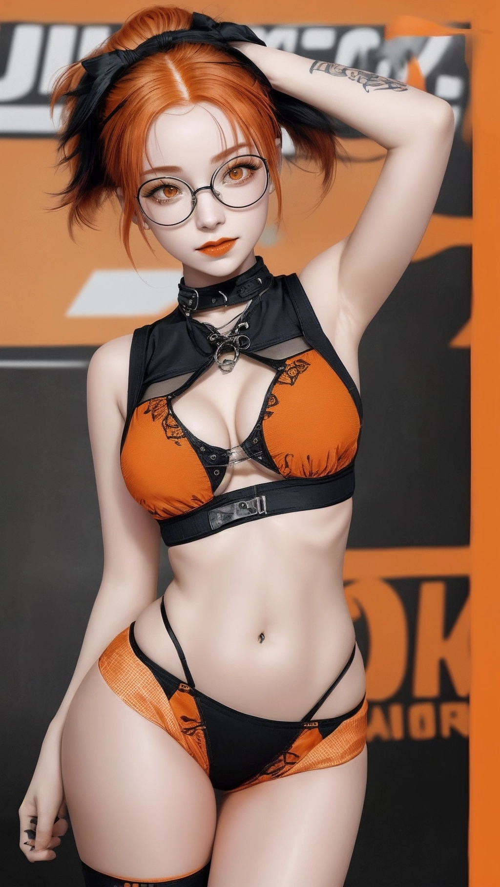 8k, photorealistic, bright ray traced lighting, cinematic, looking at viewer, ultra realistic face, high definition, young short woman, wide hips, relaxed, chill, smirking, hot, tattoos, short legs, long wavy black hair, cute, wearing alt clothes, goth clothes, ((underboob)),
round glasses, <lora:dpmg_round_glasses:1>
<lora:dpmg_add_detail:1>,<lora:JlgblnlAV8w_Goth_Alt_Clothes:0.6>, (((orange hair)))